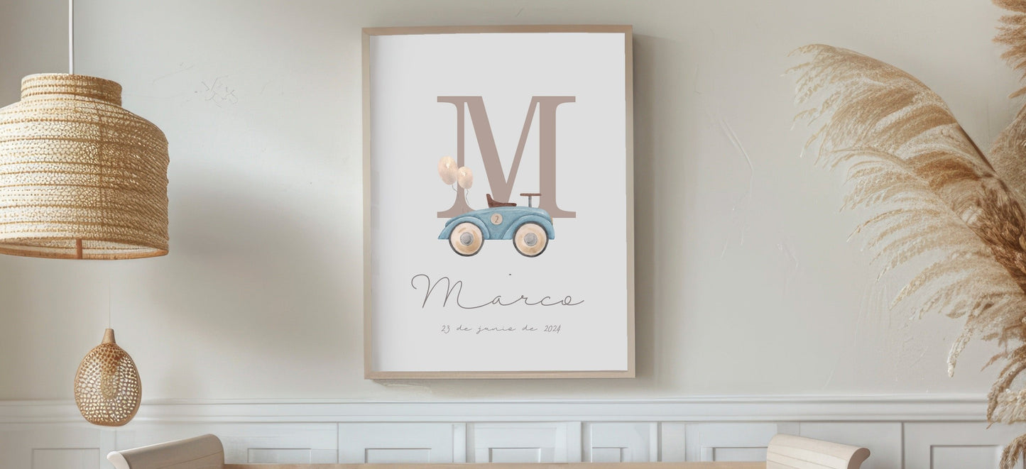 Lámina natalicio - Coche azul